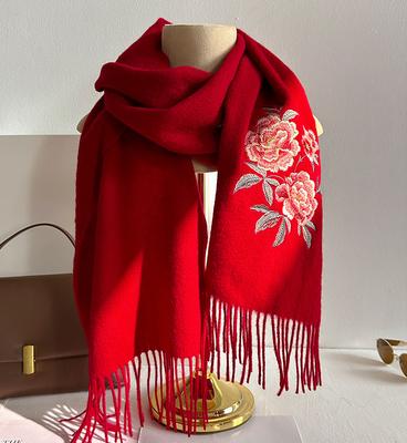 Fashion Wool Embroidered Scarf For Women Solid Color Soft Winter Warm Lady Shawl Peony Wool Tassel Blanket Bandana Scarves