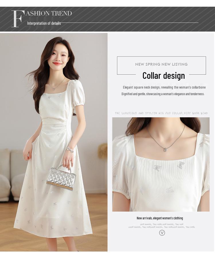 Elegant French White Summer Dress - Designer Style, Slim Fit, Long Skirt