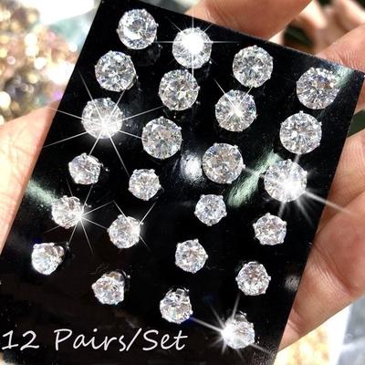 Earrings 6/12 Pair Jewelry Gifts Wedding Round for Women Crystal Zircon Ear Stud  Accessories