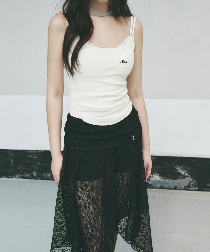 Nigaennikol Lace Shirring Flare Midi Skirt_Black