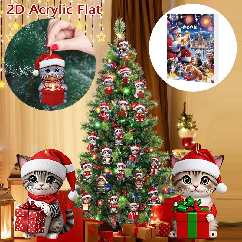 Kätzchen Adventskalender 2025 2D Acryl Katzenanhänger Weihnachtsbaumdeko 24 Tage Weihnachten Countdown Kalender Geschenk Für Katzenliebhaber