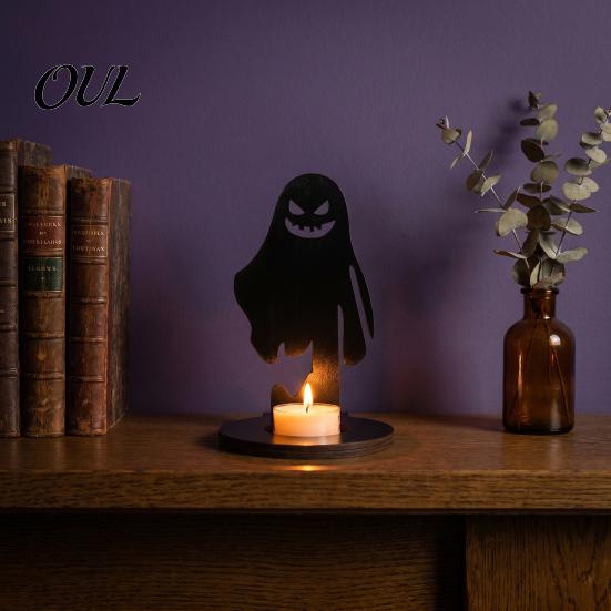 Anti Deformation Wood Base Halloween Wooden Shadow Candle Holder, Scarecrow Bat Black Cat Ghost Silhouette Artistic Table Ornament for Home