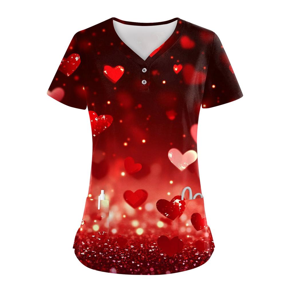 Damen-Oberteil mit Knopfleiste und V-Ausschnitt, modisch, lässig, mit Weihnachts- und Valentinstags-Print, Top für Krankenschwestern, Kasacks für Damen, 2 Taschen