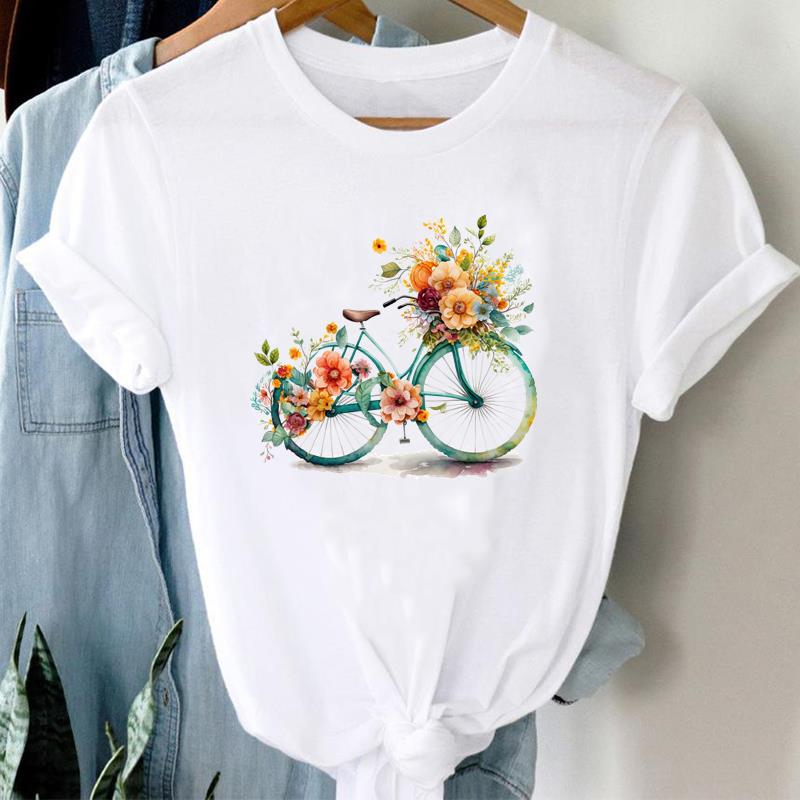 (European Size)  90s Top Fashion Short Sleeve Tee Flower Watercolor Cute Trend T-shirt Women Clothing Casual Print Lady Female Graphic T-shirt
