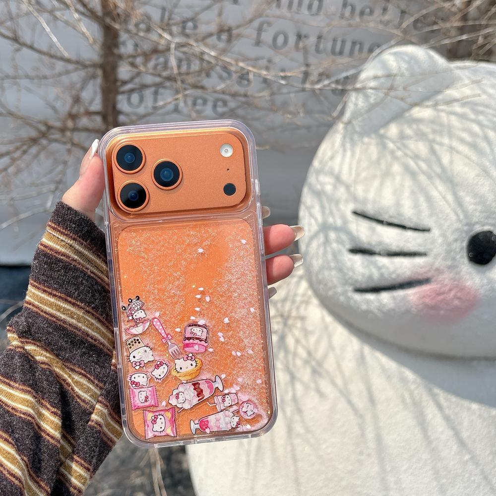 Cute Cartoon Sanrio Hello Kitty Bling Glitter Liquid Quicksand Phone Case For iPhone 17 16 15 14 13 Pro Max Clear Hard Cover