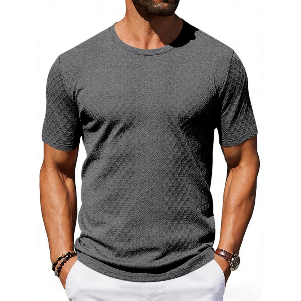 Men's Casual And Fashionable -color Textured T-shirt With Round Neck And Short Sleeves