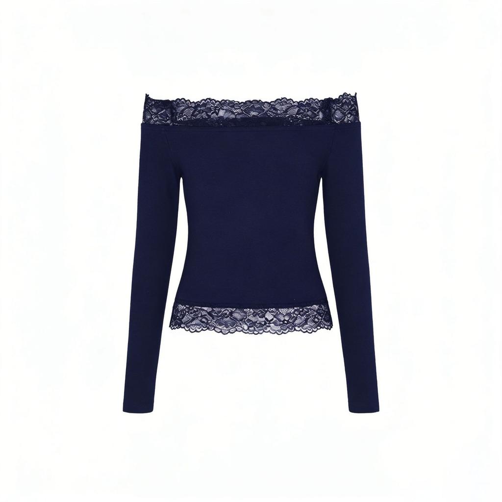 ins lace one-word shoulder pure desire top autumn and winter new Spice Girl long-sleeved European and American versatile top