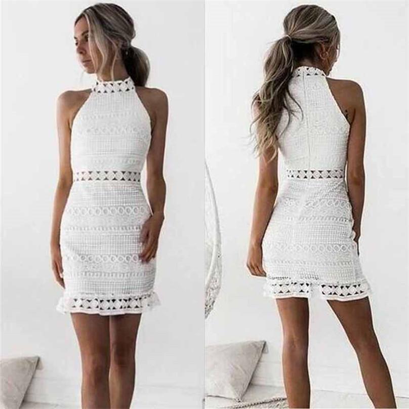 Women's Fashion Water Soluble Hook Flower Sleeveless Bag Hip Sexy High Collar Lace Dress