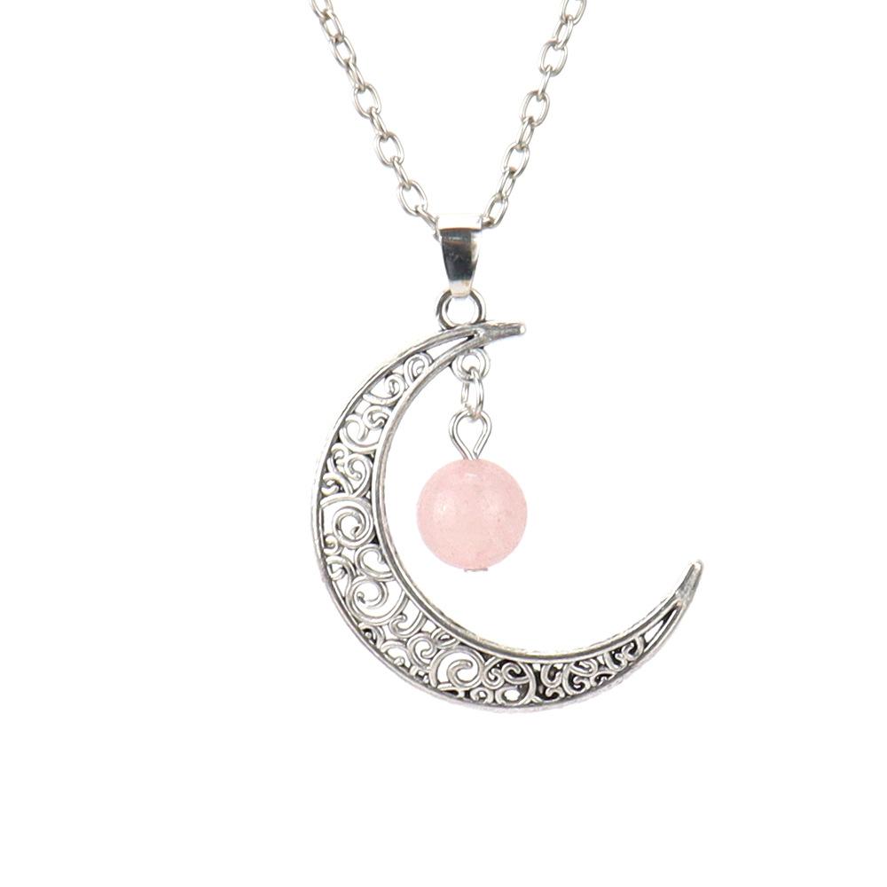 Hollow Moon Natural Crystal Bead Pendant Necklace Amethyst Pendant Couple N598