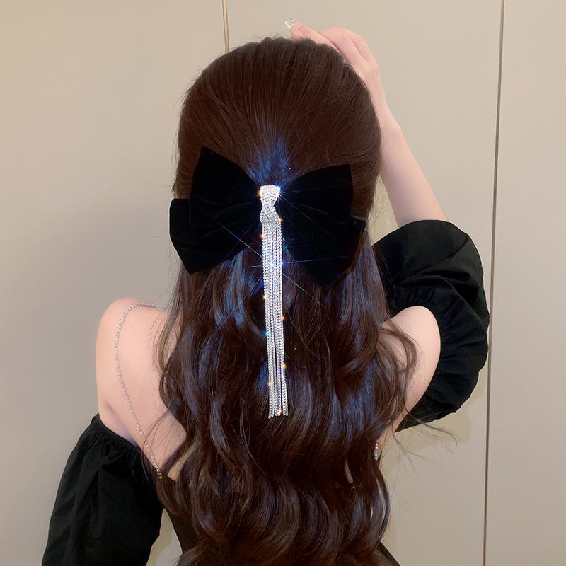 Lady Elegancka kokardka Aksamitna szpilka do włosów Dziewczyna Rhinestone Tassel Klips do włosów Nakrycie głowy Modne akcesoria do włosów