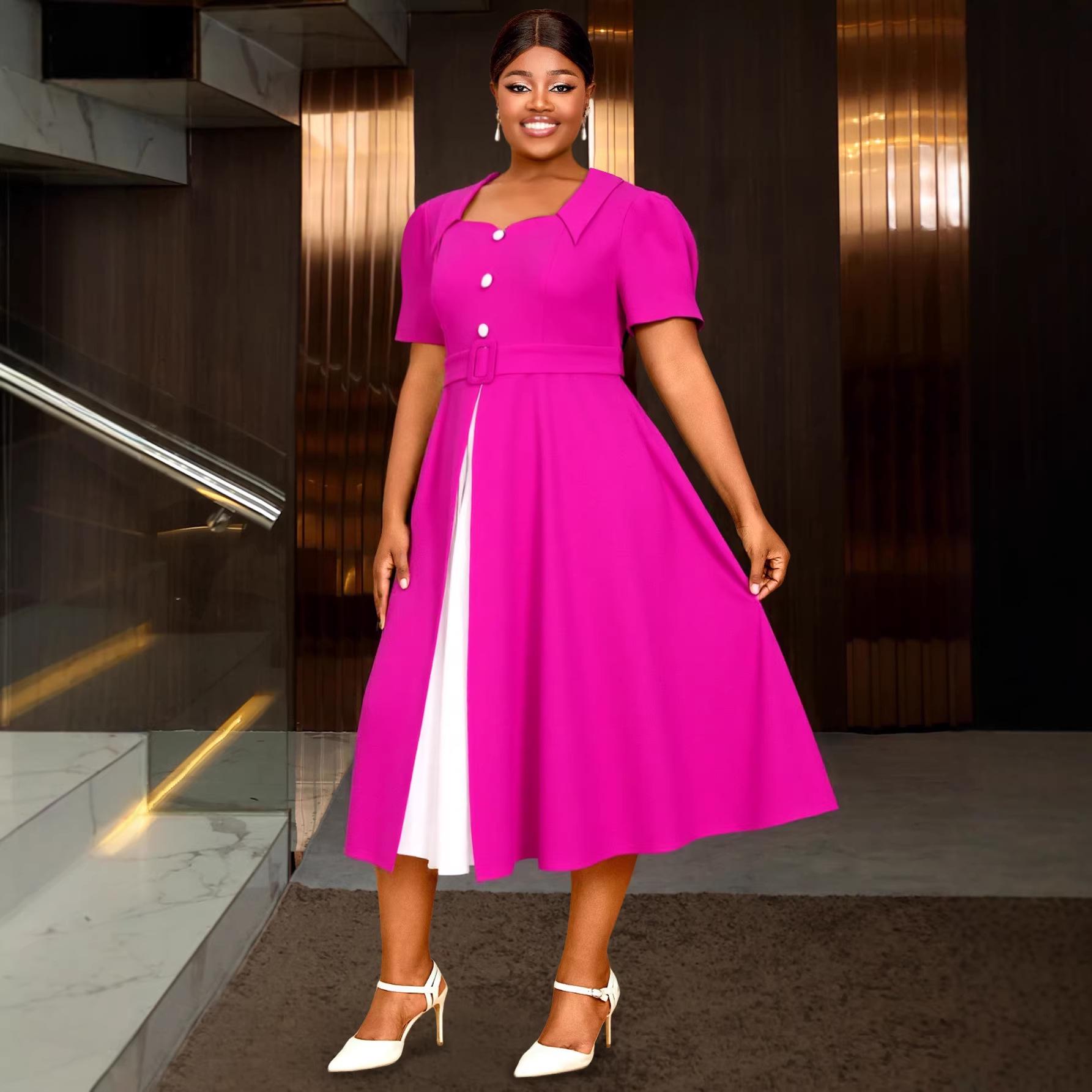 Plus Size Women s Elegant Rose Red Color Block V-Neck Cinched Waist Short-Sleeve Formal Dress 2XL