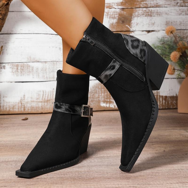 Fashion Fashion Metal Buckle Booties Autumn New Pointed Toe Side Zipper Anti-Slip Wear-Resistant High Heels