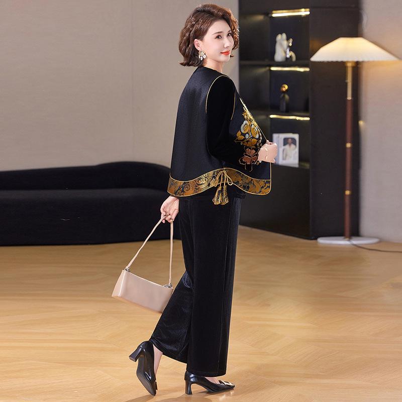 

Mother s Spring Chinese Style Three-Piece Vest Set for Middle-Aged and Elderly Women XL [For 90-105 lbs]