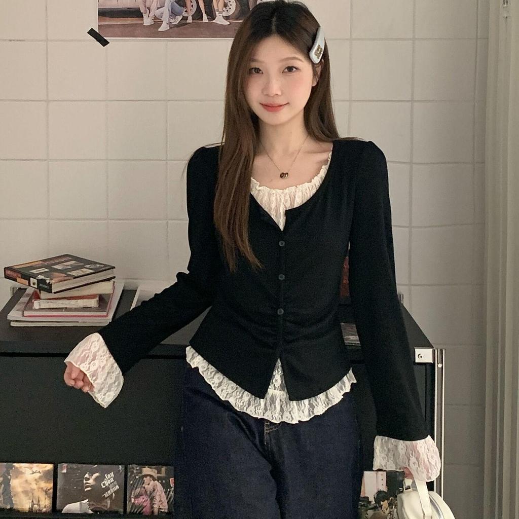 Plus Size Women's Korean-Style Lace Patchwork Two-Piece Top for Autumn 2025