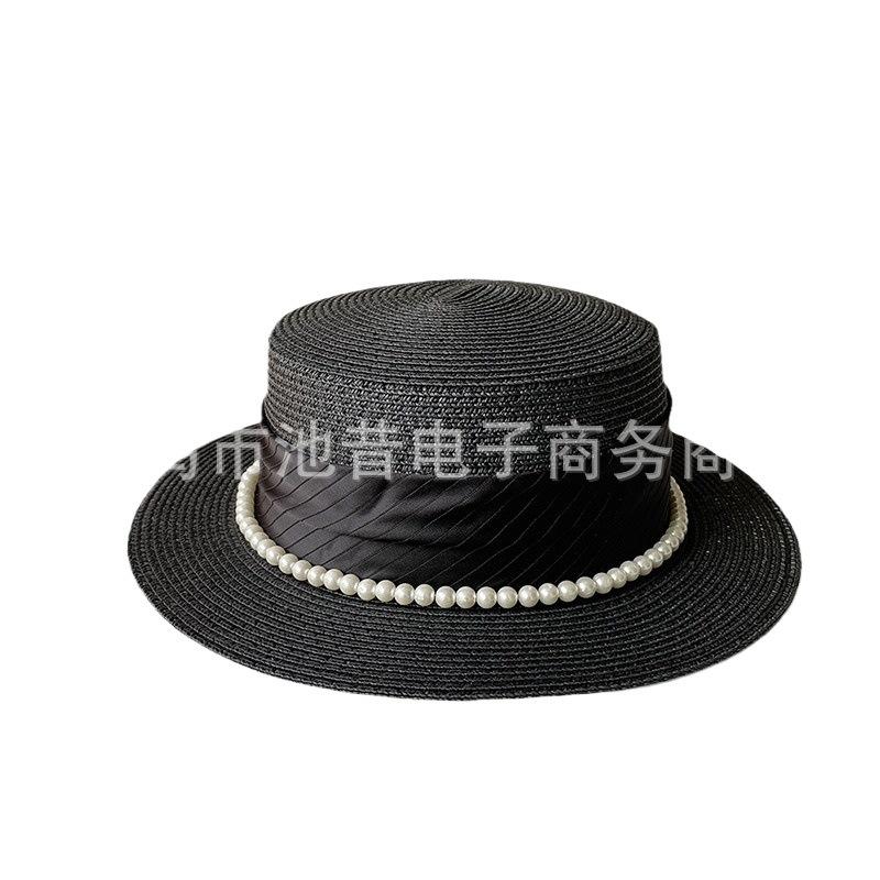 French celebrity style flat top top hat new summer elegant pearl straw seaside sun hat children