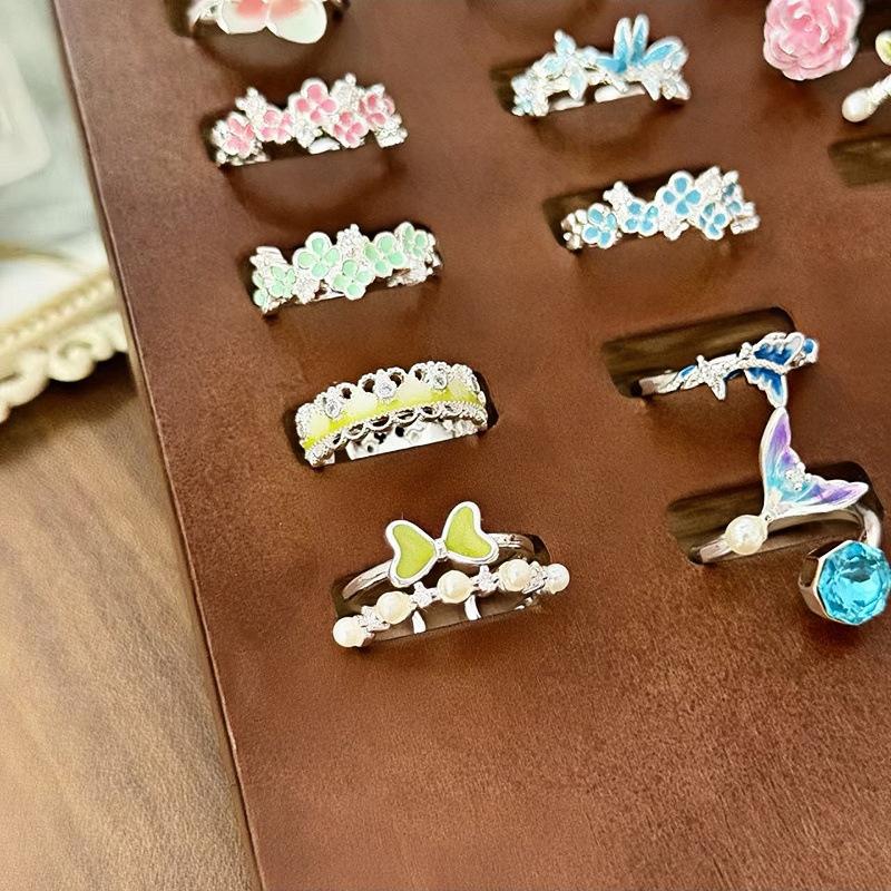 White Delicate Smudging Gray-Green Retro Enamel Butterfly Personalized Opening Ring Female Flower Advanced Sense Super Fairy Ring