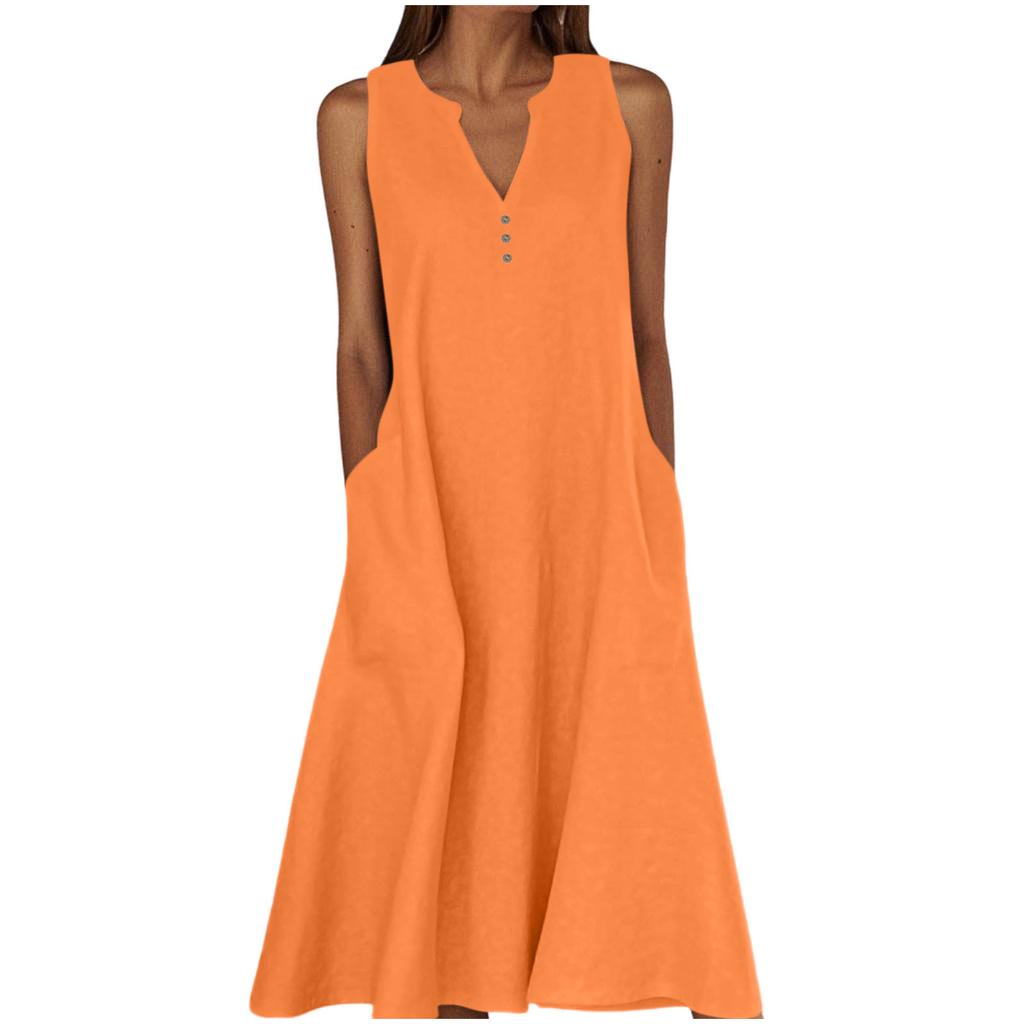 Women's Sleeveless V-Neck Button Front A-Line Dress with Side Pockets in Multiple Colors