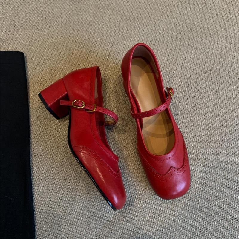 Sheepskin ~ versatile one-button shallow thick heel Mary Jane shoes women's vintage brogue square toe shoes leather single shoes