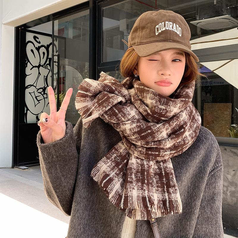Women's Korean Style Fleece-Like Cashmere Scarf Autumn Winter High-End Warm Shawl Cute Versatile Plaid Neck Warmer