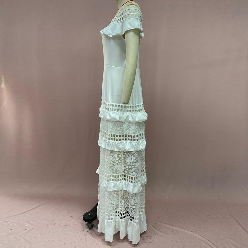 Cross-border Summer New European and American Foreign Trade Women's Dress Flounce Hollowed-out Lace Dress