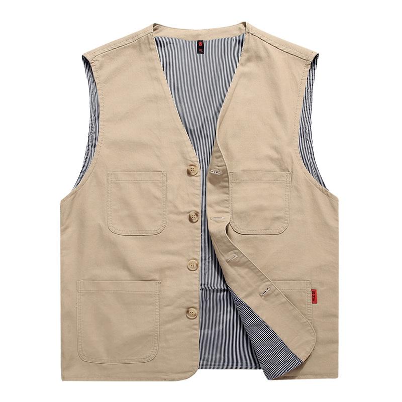 

Men s Large Cotton Vest Multi Pocket Casual Vest XXL бежевий
