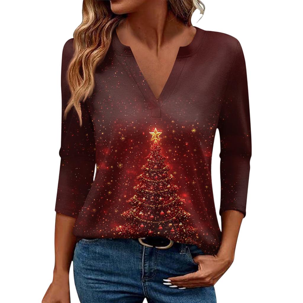 Women's Casual Fashionable Sexy Comfortable V-Neck Christmas Three-Quarter Sleeve Top
