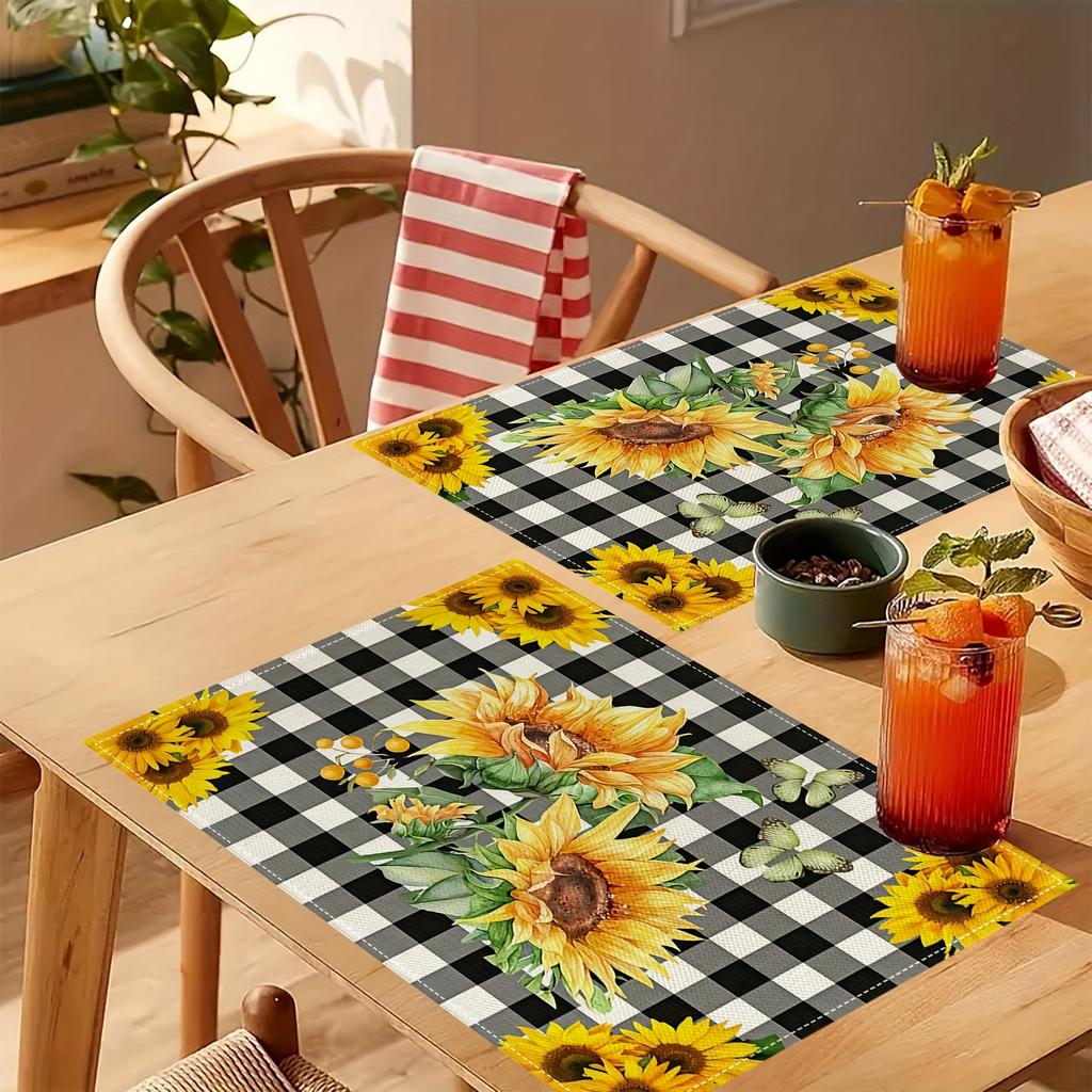 4/6pcs Set, Sunflower-Themed Kitchen Heat-Resistant Table Mats for Spring And Summer, Preventing Water, Oil, And Burns, Living Room Tablecloth