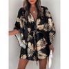 2026 European and American Beach Skirt Women's Summer V-neck Lace-Up Printed Dress Patchwork Polyester Southeast Asia