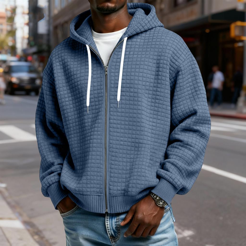 Men's Zip-Up Hooded Plaid Jacket- Drawstring Casual Sports Sweatshirt