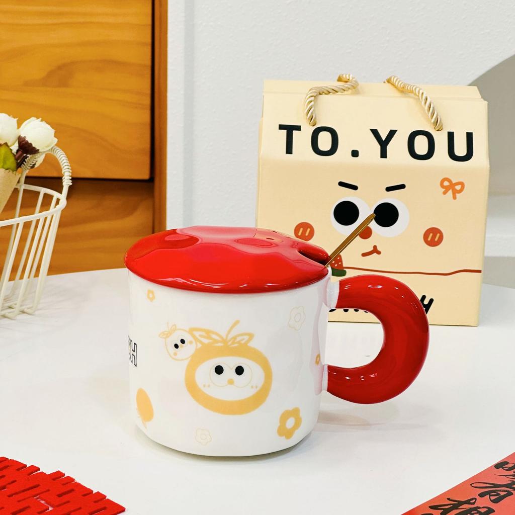 Small Orange with Lid Spoon Red Ceramic Cup Cartoon Cute High Value Mug Household Water Cup Set