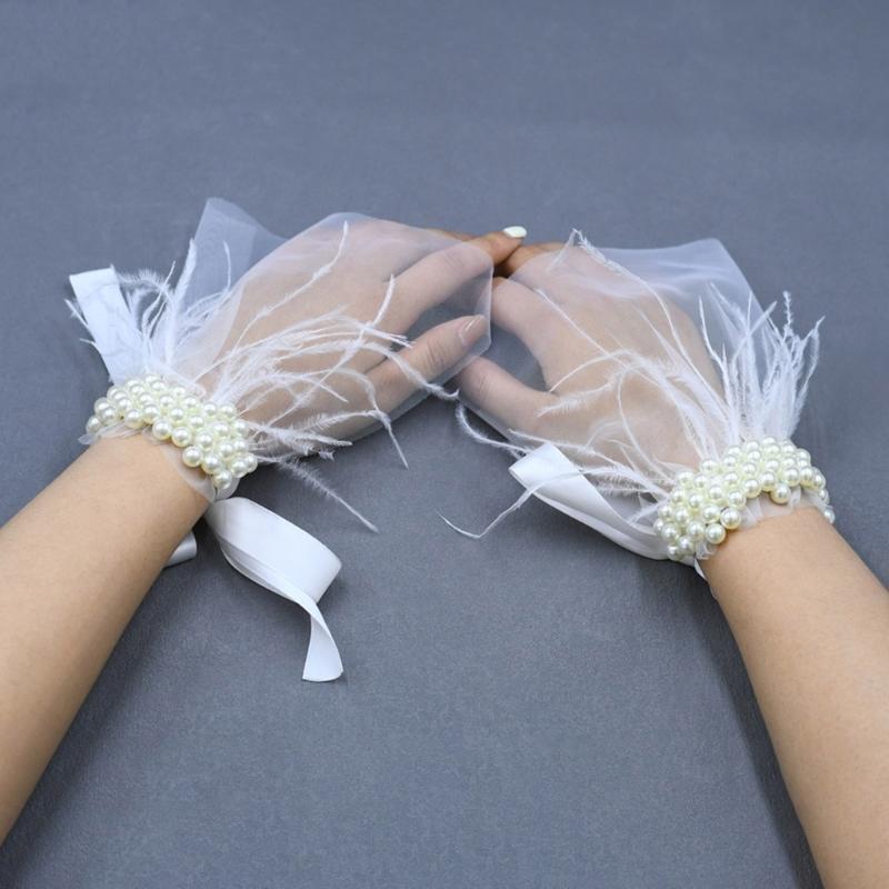 Guanti da Sposa Regolabili con Laccio e Perle Eleganti Comodo Accessorio per Addio al Nubilato Guanti Trasparenti per Festa Nuziale