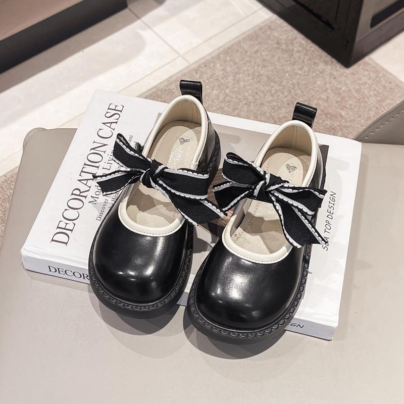 2024 New Girls Leather Shoes Simple Non-slip Bow Round-toe Versatile Soft Elegant Korean Style Kids Princess Loafers Soft Spring