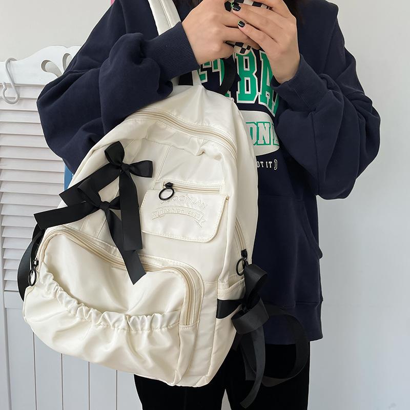 Sweet Bowknot College Student School Bags Contrasting Color Nylon Backpack for Junior High School Student Large Capacity Teenager Girl Shoulders Bag