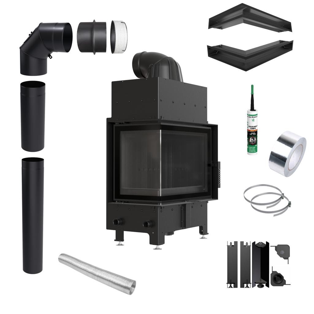 Corner fireplace insert KRATKI FLOKI left 8kW Ø160 black installation kit
