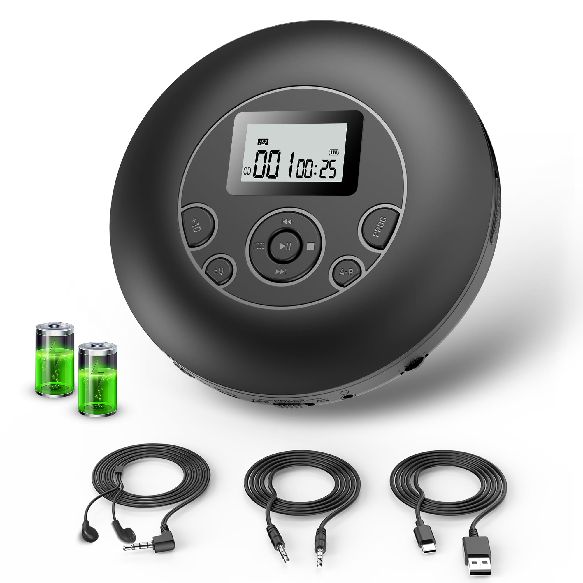 

Portable CD Player with Built-in 1000mAh Rechargeable Battery, 10 Skip Functions, A-B Repeat and Program Playback, CD, MP3, and 32GB MicroSD Card