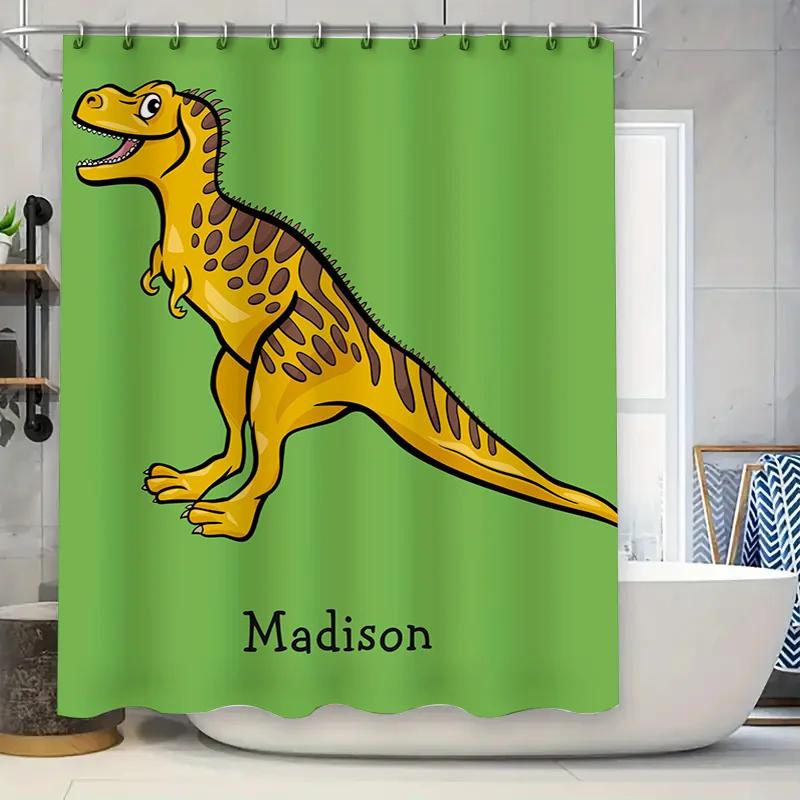 

Personalized Cartoon Dinosaur Shower Curtain Kids Bath Decor with Name Bright Green Yellow Custom Order Available W90XH180cm