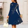 Women Plus Size Round Neck Long Sleeve Midi Dress Geometric Glitter Star Burst Print High Waist Swing Dress