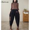 Korean Fashion Herbst Frühling Frauen Harem Hosen Hohe Taille Schwarz Khaki Beiläufige Lose Hosen Vintage Patchwork Baumwolle Cord Capris