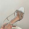 Fashion French Rhinestone High Heels For Women Slender Heels With Exposed Toes Sexy Fairy Style One-Shoulder Silver Thin Strap Sandals