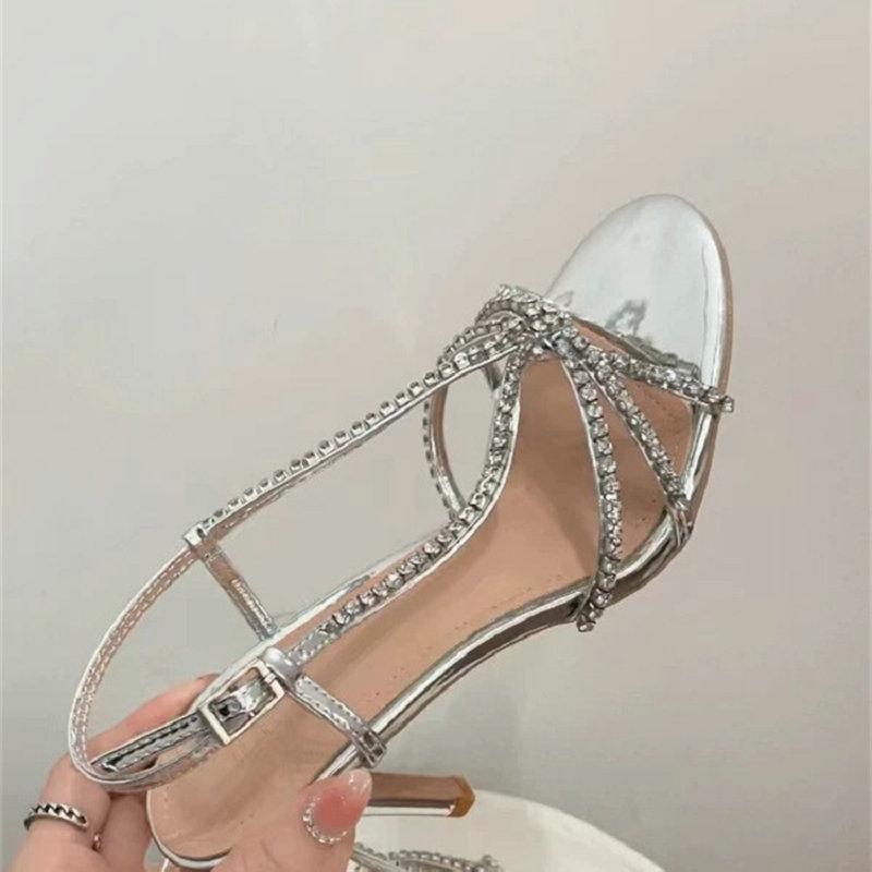 Fashion French Rhinestone High Heels For Women Slender Heels With Exposed Toes Sexy Fairy Style One-Shoulder Silver Thin Strap Sandals