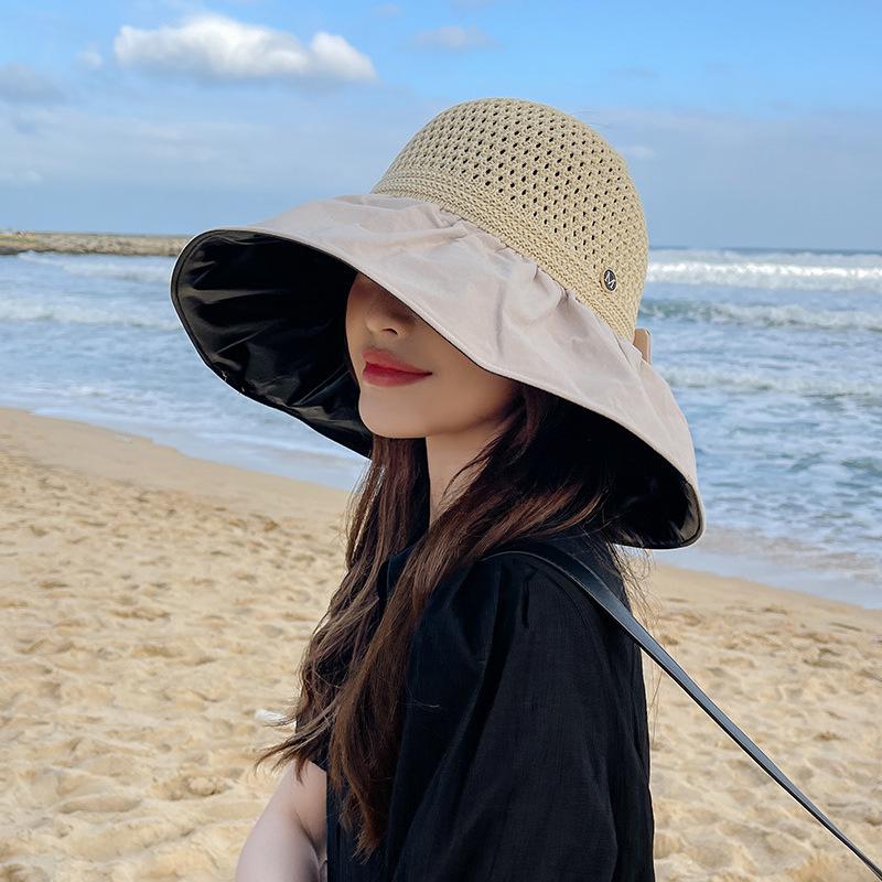 

Hat Women s Summer UV Vinyl Sunscreen Hat Empty Top Breathable Sun Hat UV Protection Large Edge Beach Sun Hat Adult (56-58cm) бежевий