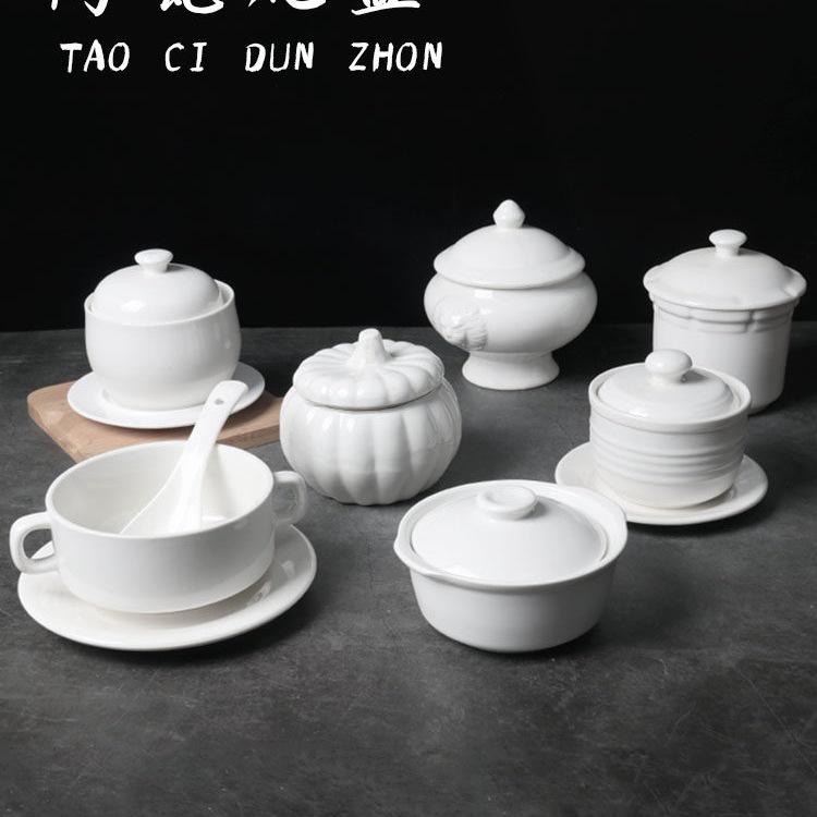 Bird's Nest Ceramic Stew Pot with Lid - Double Boiler Steaming Bowl for Soup & Steamed Egg, Pure White Tableware