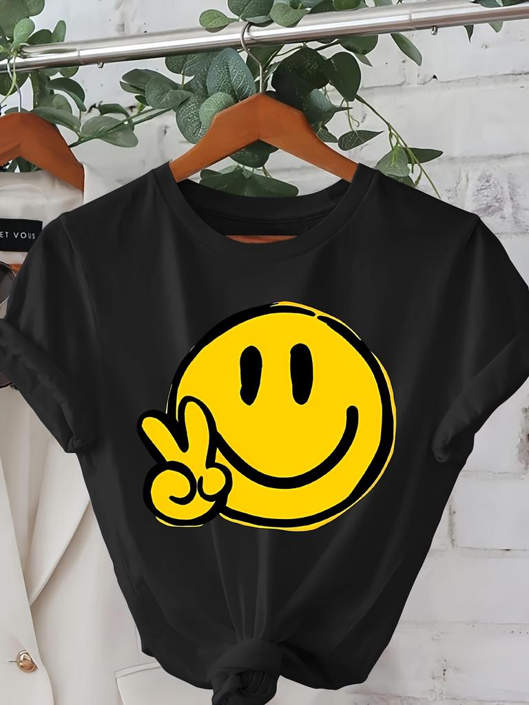 Women's Loose Fit Crew Neck Short Sleeve T-Shirt, Mother's Day Gift for Mom with Geometric Smiling F
