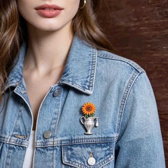 Yousheng Brooch Retro Kettle Shape Wedding Three-dimensional Brooch with Imitation Golden Metal Texture Real Flower Insert Coat Scarf Hair Bag