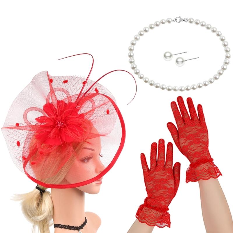 French Fascinator Hat with Necklace Gloves Ear Studs Costume Set For Horse Racing Event and Halloween Party Dressingup