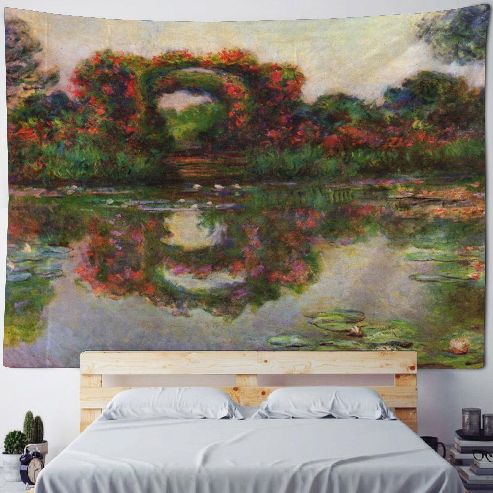 Retro oil painting, water lily print, tapestry, flower and plant wall hanging, home decoration, abstract aesthetic tapestry