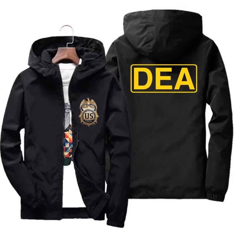 Męska kurtka typu bomber z kapturem i logo DEA, tarcza FBI, nieformalna cienka kurtka wiatroszczelna, odzież męska, Pakas, odzież wiatroszczelna