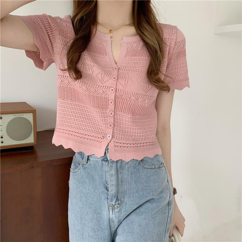 

Модные ажурные тонкие трикотажные кардиганы с короткими рукавами, летние повседневные летние базовые удобные и стильные облегающие свитера, футболки One Size розовый