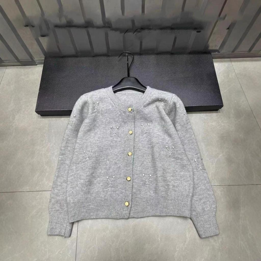 Miu25 Fall/Winter 3D Rhinestone Embroidered Knit Cardigan - Age-Reducing, Versatile, Round Neck, Single-Breasted Top