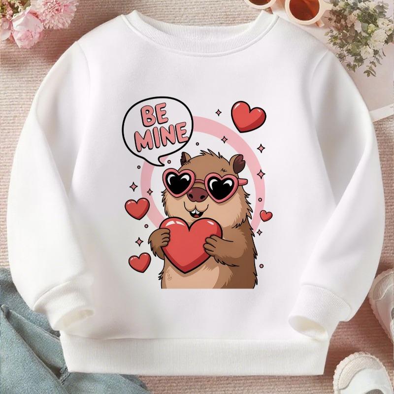Kids Crewneck Long Sleeve Pullover Sweatshirt, Cartoon Capybara Holding Hearts Graphic Print